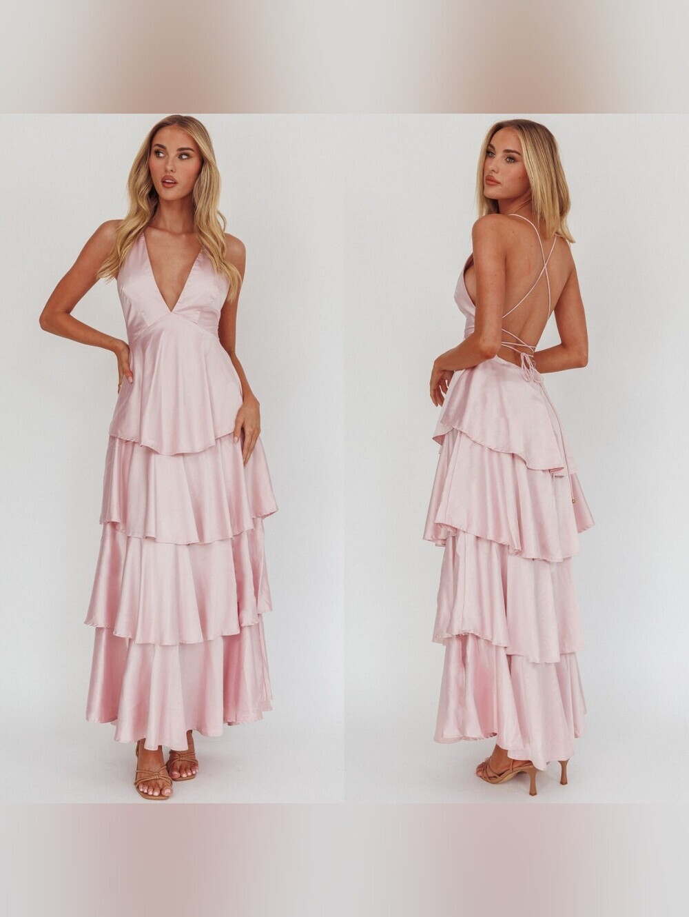 Selfie Leslie Auguste Tiered Frill Strappy Back Dress Blush L Wedding Party Prom